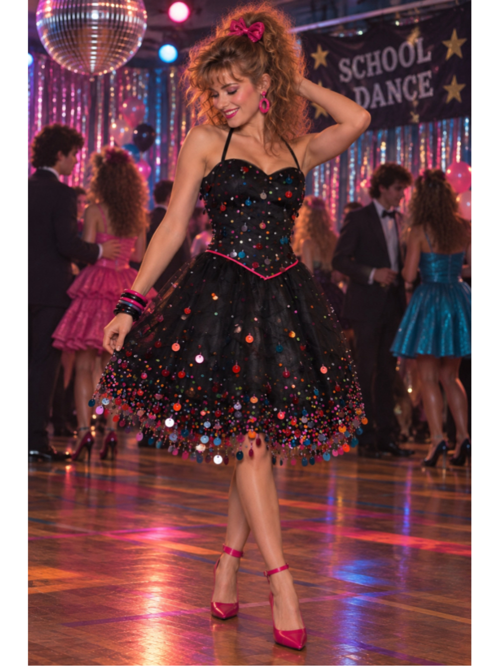 Vintage Terani Black Rainbow Paillette Sequin Tulle Prom Party Dress XS